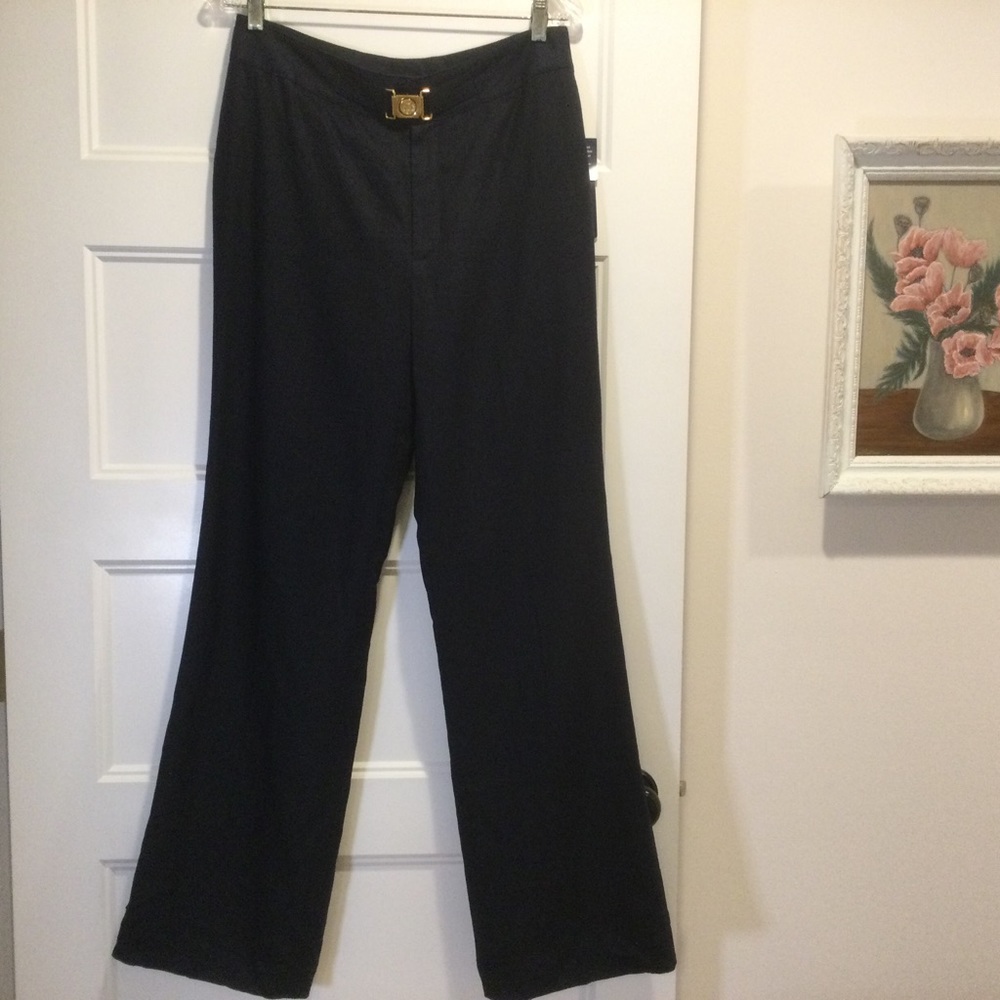 Linen Navy Wide Leg Trousers With Gold Belt Detail NWT